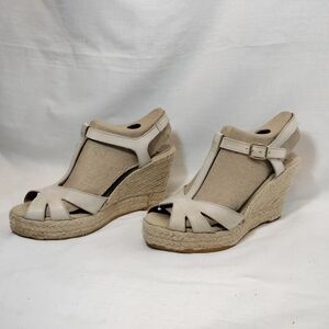 Kanna Cream Leather T-Strap Espadrille Wedges - Made in Spain